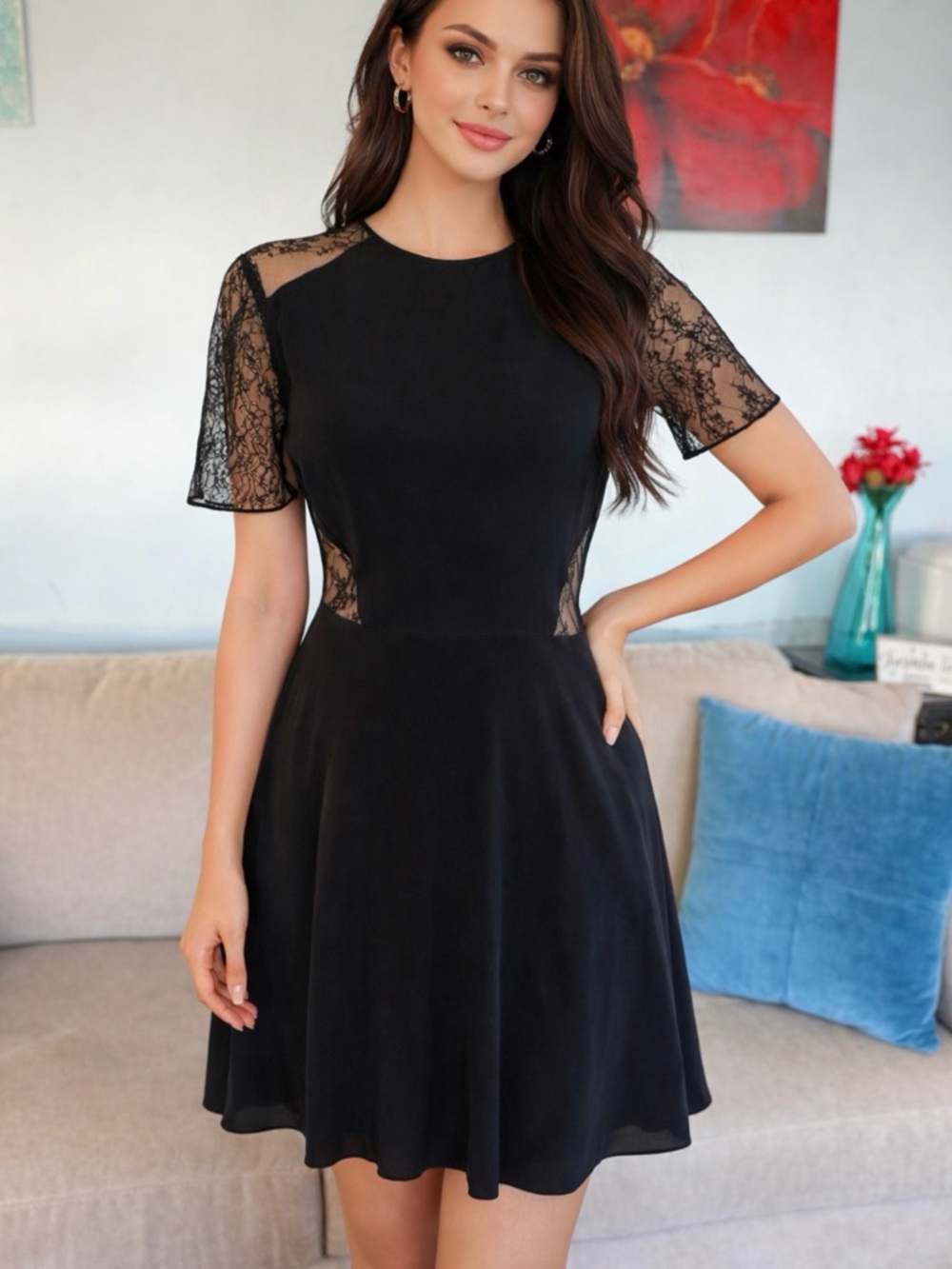 Jason Wu Silk Cocktail Dress Women's Size 8 M Black Lace Sleeves